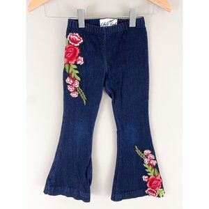 Liberty Lark Denim Rose Applique Embroidered Bell Bottom Wide Leg Jeans 4/5